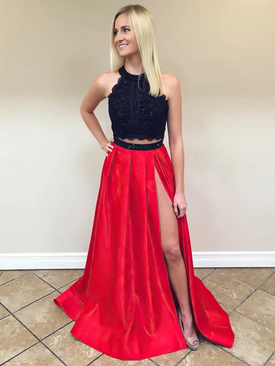 A-line Halter Satin Sweep Train Appliques Lace Prom Dresses #Milly020104957