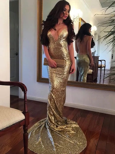 Trumpet/Mermaid V-neck Sequined Sweep Train Prom Dresses #Milly020104958