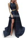 A-line Scoop Neck Satin Sweep Train Prom Dresses #Milly020104803