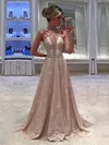 Princess V-neck Lace Sweep Train Beading Prom Dresses #Milly020104805