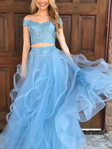 A-line Off-the-shoulder Tulle Floor-length Appliques Lace Prom Dresses #Milly020104809