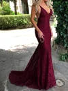 Burgundy Mermaid V-neck Lace Backless Prom Dresses #Milly020104811