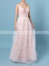 Princess V-neck Lace Tulle Floor-length Crystal Detailing Prom Dresses #Milly020104814
