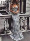 Trumpet/Mermaid V-neck Tulle Sweep Train Prom Dresses With Sequins S020104817