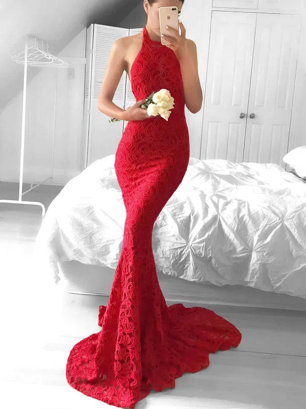Trumpet/Mermaid Halter Lace Sweep Train Prom Dresses #Milly020104818