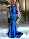 Trumpet/Mermaid Sweep Train V-neck Silk-like Satin Ruffles Prom Dresses #Milly020104819