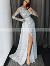 A-line V-neck Silk-like Satin Floor-length Appliques Lace Prom Dresses #Milly020104820