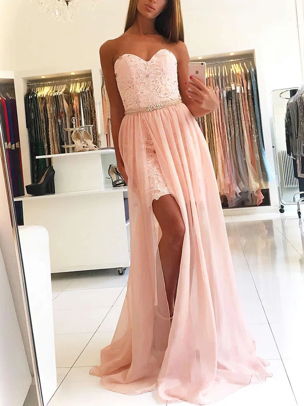 Sheath/Column Sweetheart Chiffon Sweep Train Lace Prom Dresses #Milly020104827