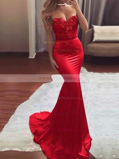 Trumpet Mermaid Red Sweetheart Flower Satin Prom Dress Trumpet Mermaid Red Sweetheart Flower Satin Prom Dress