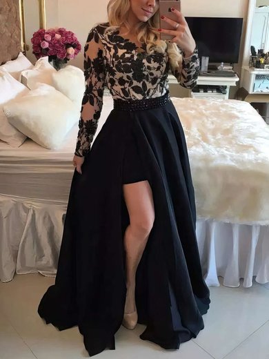 A-line Scoop Neck Satin Detachable Appliques Lace Prom Dresses #Milly020104981