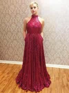 A-line Halter Sequined Floor-length Pockets Prom Dresses #Milly020104982