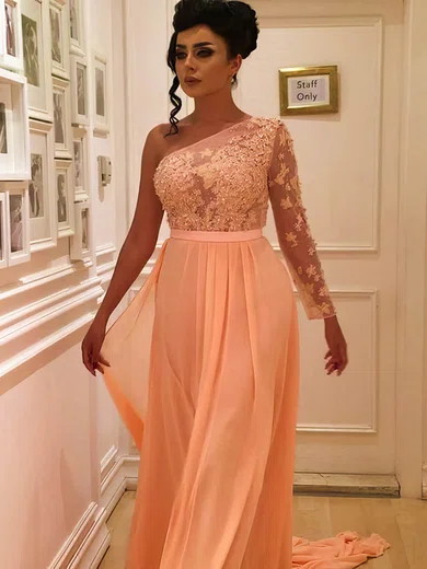 Sheath/Column One Shoulder Chiffon Sweep Train Appliques Lace Prom Dresses #Milly020104983