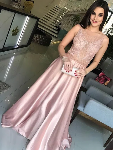 A-line Scoop Neck Satin Sweep Train Appliques Lace Prom Dresses #Milly020104990