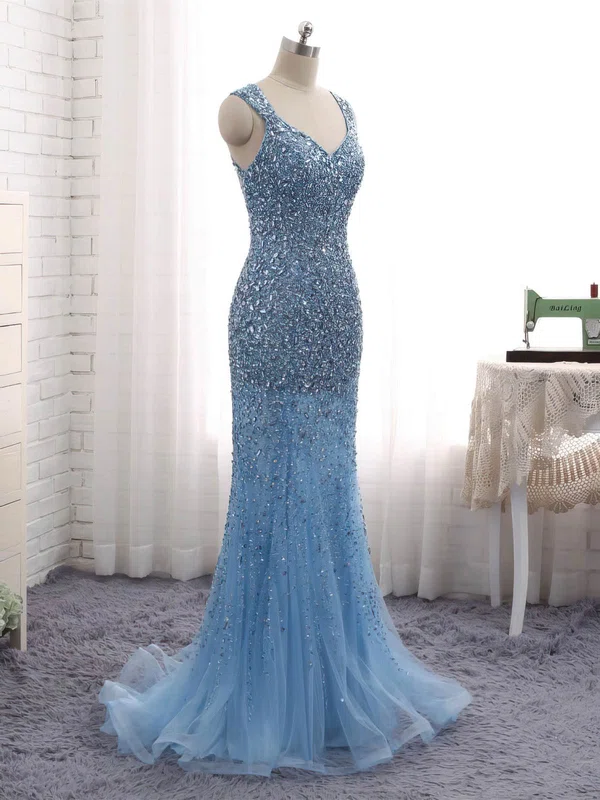 Trumpet/Mermaid V-neck Tulle Sweep Train Beading Prom Dresses #Milly020104996