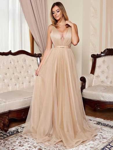 Princess V-neck Tulle Sweep Train Sashes / Ribbons Prom Dresses #Milly020105000