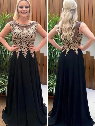 A-line Scoop Neck Chiffon Sweep Train Beading Prom Dresses #Milly020105012
