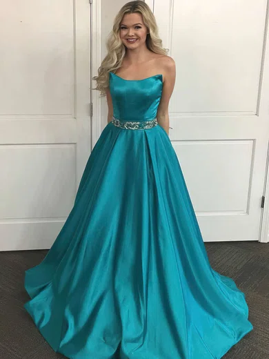 Princess Strapless Satin Sweep Train Beading Prom Dresses #Milly020105014