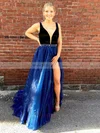 A-line V-neck Organza Velvet Sweep Train Beading Prom Dresses #Milly020105016