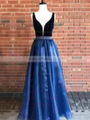 A-line V-neck Organza Velvet Sweep Train Beading Prom Dresses #Milly020105016