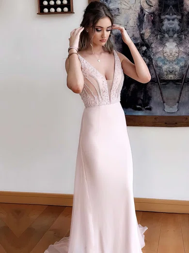 A-line V-neck Chiffon Sweep Train Beading Prom Dresses #Milly020105018