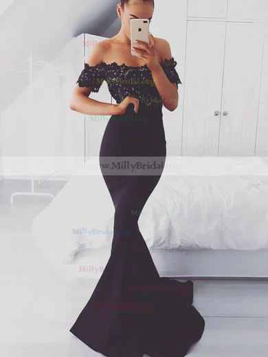 Trumpet Mermaid Off the shoulder Silk like Satin Sweep Train Appliques Lace Prom Dresses millybridal