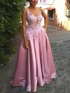 Princess V-neck Satin Sweep Train Appliques Lace Prom Dresses #Milly020105023