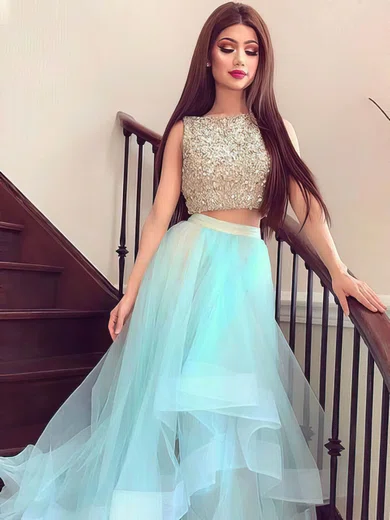 A-line Scoop Neck Organza Sweep Train Beading Prom Dresses #Milly020105034