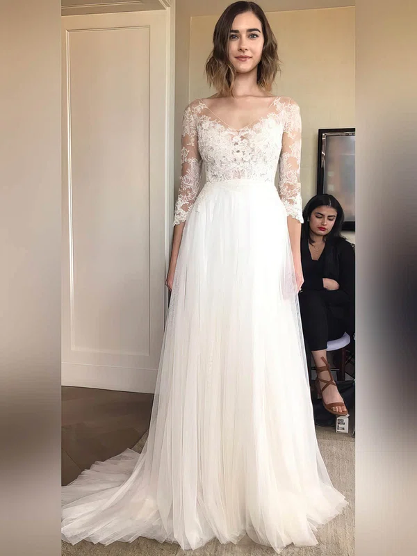 A-line V-neck Tulle Sweep Train Appliques Lace Wedding Dresses ...