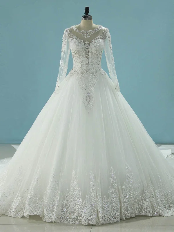 Ball Gown Illusion Tulle Chapel Train Wedding Dresses With Beading #Milly00023094