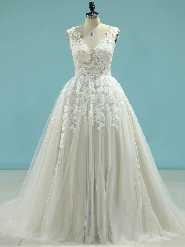 Ball Gown V-neck Tulle Sweep Train Wedding Dresses With Appliques Lace #Milly00023095
