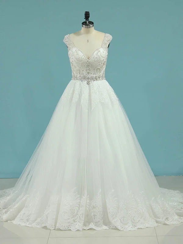 Ball Gown V-neck Tulle Court Train Beading Wedding Dresses #Milly00023100