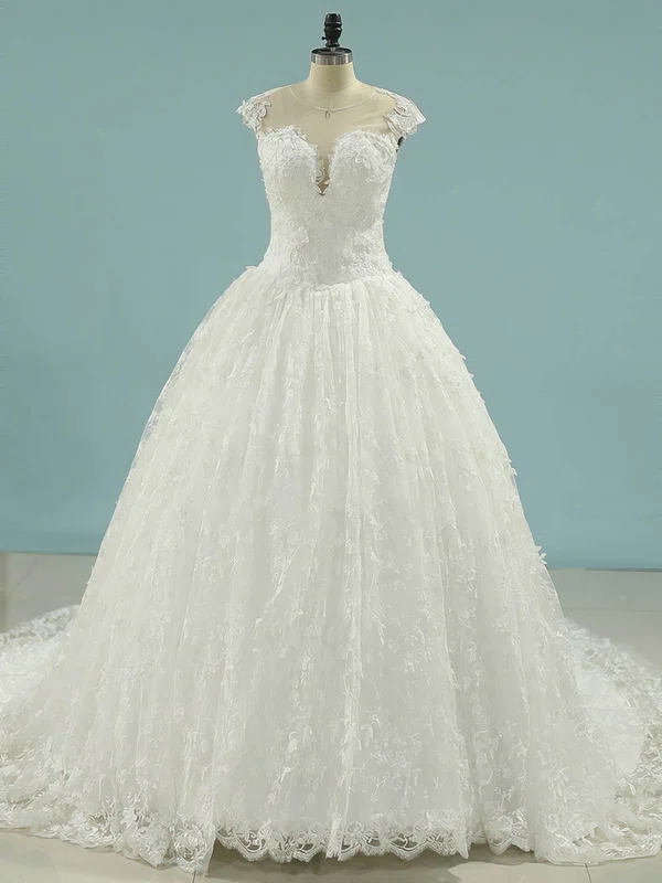 Ball Gown Illusion Lace Tulle Chapel Train Wedding Dresses With Appliques Lace #Milly00023101
