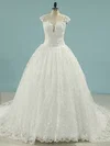 Ball Gown Scoop Neck Lace Tulle Chapel Train Appliques Lace Wedding Dresses #Milly00023101
