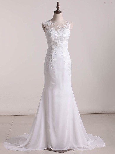 Trumpet/Mermaid Scoop Neck Chiffon Tulle Sweep Train Appliques Lace Wedding Dresses #Milly00023102