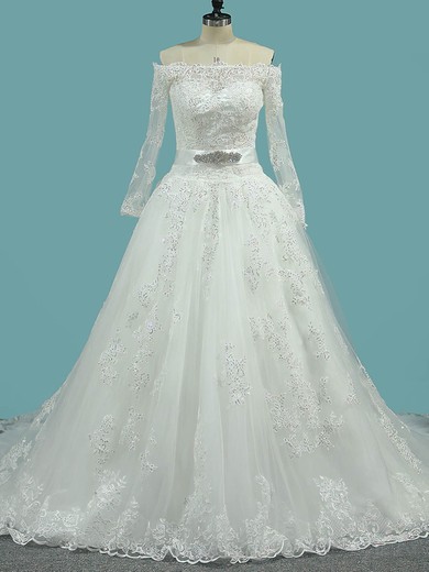 Ball Gown Off-the-shoulder Tulle Court Train Appliques Lace Wedding Dresses #Milly00023104