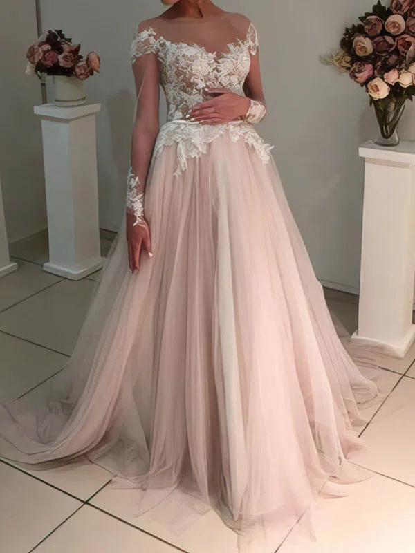 Ball Gown Illusion Tulle Sweep Train Wedding Dresses With Appliques Lace #Milly00023105