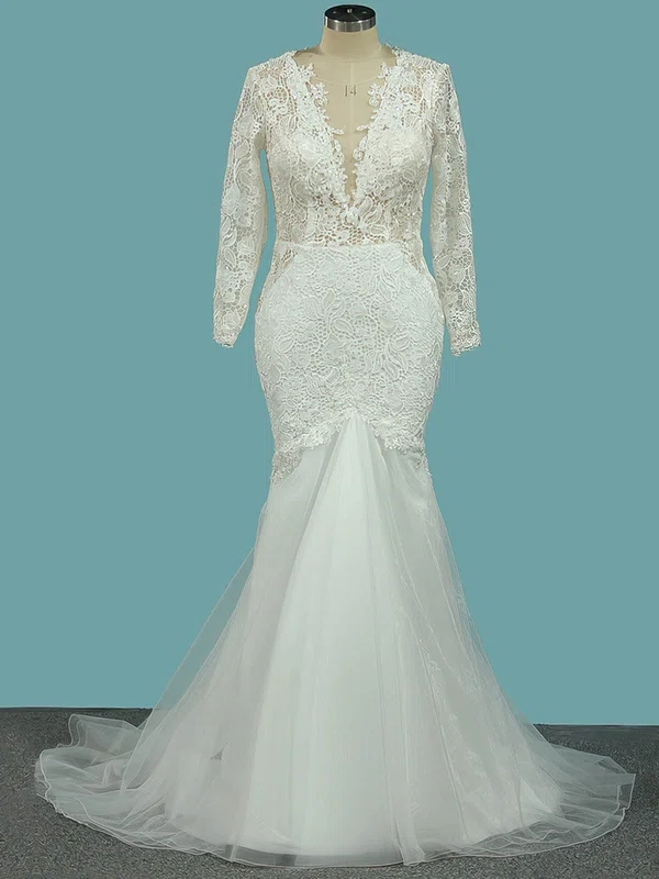 Trumpet/Mermaid Illusion Lace Tulle Sweep Train Wedding Dresses With Appliques Lace #Milly00023106