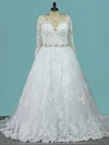 Ball Gown Scoop Neck Tulle Sweep Train Beading Wedding Dresses #Milly00023107