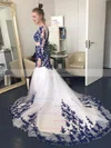 Trumpet/Mermaid V-neck Tulle Court Train Appliques Lace Wedding Dresses #Milly00023113