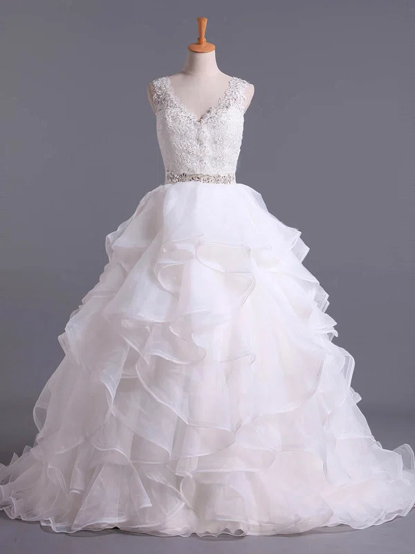 Ball Gown V-neck Organza Court Train Wedding Dresses With Cascading Ruffles #Milly00023115
