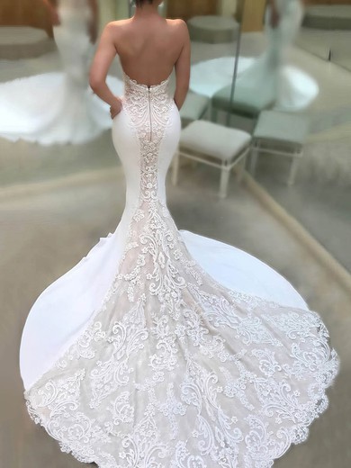 Trumpet/Mermaid V-neck Lace Silk-like Satin Sweep Train Appliques Lace Wedding Dresses #Milly00023119