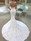 Trumpet/Mermaid V-neck Lace Silk-like Satin Sweep Train Wedding Dresses #Milly00023119