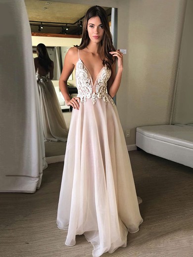 A-line V-neck Chiffon Tulle Sweep Train Appliques Lace Wedding Dresses #Milly00023120