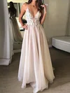 A-line V-neck Tulle Sweep Train Wedding Dresses With Appliques Lace #Milly00023120