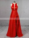 A-line Scoop Neck Satin Sweep Train Pockets Prom Dresses #Milly020105146