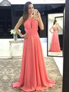 A-line Scoop Neck Chiffon Sweep Train Beading Prom Dresses #Milly020105147