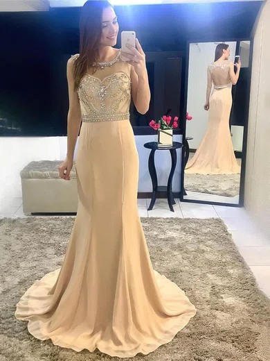 Trumpet/Mermaid Scoop Neck Chiffon Sweep Train Beading Prom Dresses #Milly020105148