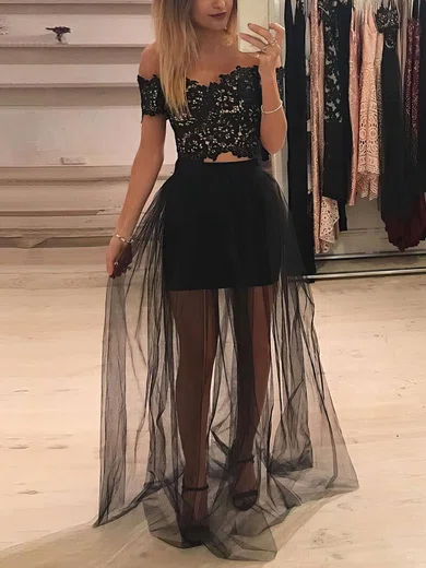 A-line Off-the-shoulder Tulle Floor-length Appliques Lace Prom Dresses #Milly020105160