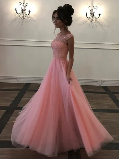A-line Scoop Neck Tulle Floor-length Beading Prom Dresses #Milly020105161