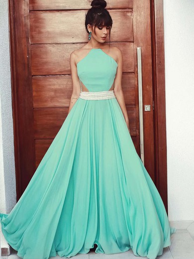 A-line Scoop Neck Chiffon Floor-length Beading Prom Dresses #Milly020105162